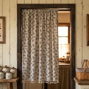 Demi-<span class=keywords><strong>rideau</strong></span> court à motif de petites feuilles vertes avec pompons blancs, à passe-tringle, pour porte de cuisine, café, ou comme housse anti-poussière pour <span class=keywords><strong>armoire</strong></span> - Product Image 1