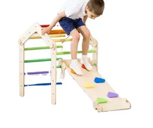 Set segitiga 5 dalam 1 untuk anak-anak, Set mainan panjat tebing kayu Montessori dapat dilipat, Gym hutan dengan tanjakan untuk anak-anak (pelangi)