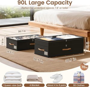 Contenedor de Almacenamiento Debajo de la Cama XXL de 90L con Ruedas, Contenedores de Almacenamiento con Ruedas Ajustables en Altura con Tapas Transparentes, Cajones Debajo de la Cama para Dormitorio - Product Image 4