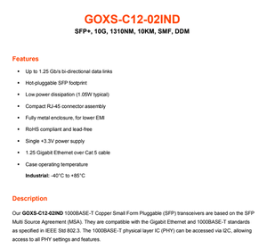 Module émetteur-récepteur SFP RJ45 en cuivre 1000Base-T GOCS C12 02IND pour applications industrielles, 10/100/1000 Mbps, réseau Ethernet 100M - Product Image 2