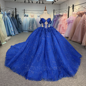 Robe de Quinceañera pour femme 6840 Illusion Bleu Royal, coupe cœur, bouffante, avec traîne chapelle, ornée de perles, d'applications en cristal et d'imprimés, taille naturelle - Product Image 3