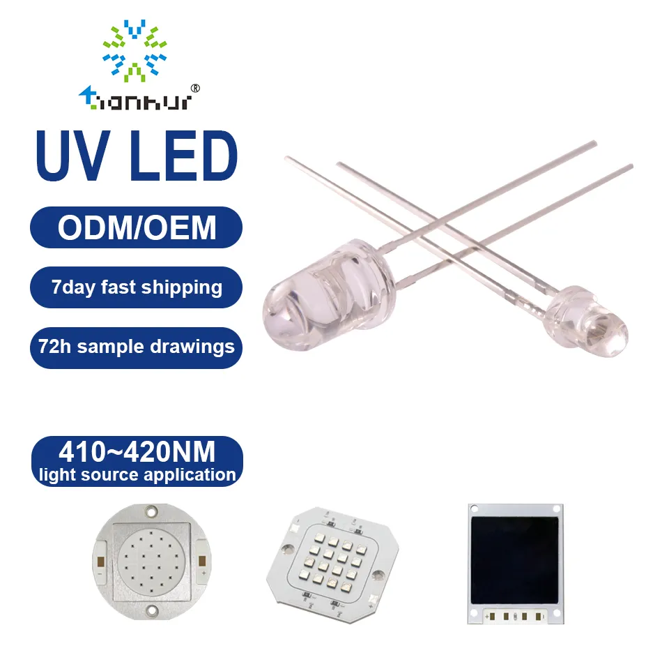 Tianhui chip led uv, 3mm 5mm 415nm dip através do furo lâmpadas led uv