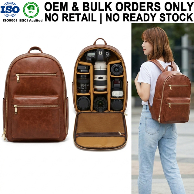 Manufacturer OEM ODM Custom Vintage Retro Deep Brown PU Leather DSLR SLR Lens Bag Camera Backpack for Photography with Divider