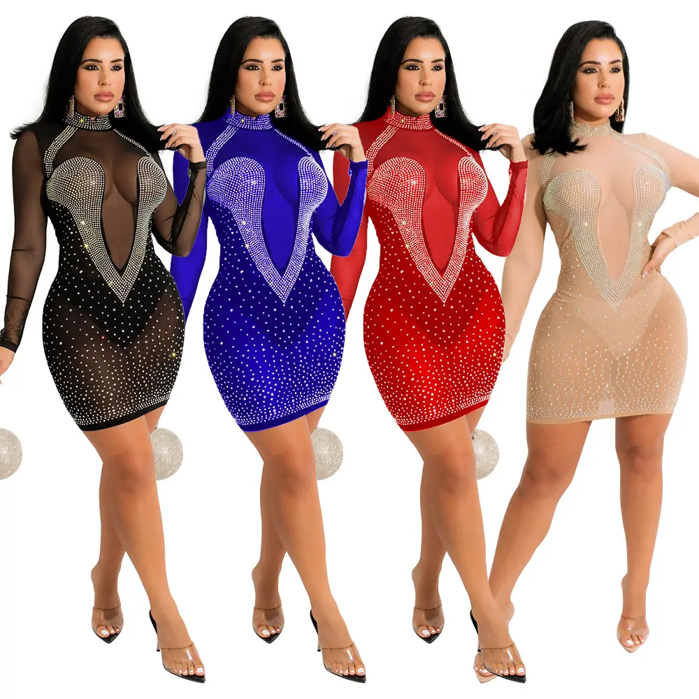 Горячая Распродажа 2022, блестящее Сетчатое платье с высоким воротником и длинным рукавом, сексуальное прозрачное Клубное вечернее платье для женщин