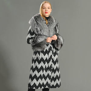 عالية الجودة النساء الصوفية معطف فاخر الثعلب الفضي طوق الفراء الصوف تغطية المرأة الاحزمة الطويلة الصوفية معطف - Product Image 6