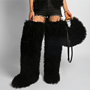 Ensemble chaussures et sac SHIKOL, bottes en fourrure moelleuse à hauteur de cuisse, bottes sexy pour filles rebelles, bottes en fausse fourrure, sacs à main, sacs à bandoulière, fourrure pelucheuse, hiver - Product Image 4