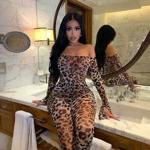 women clothes New ladies one shoulder long sleeved leopard print one piece tights Jumpsuits pants two piece women's sets