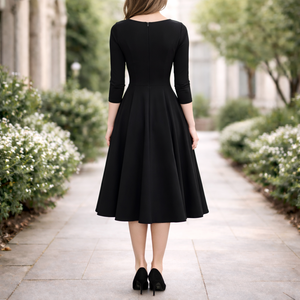 Robe <span class=keywords><strong>midi</strong></span> noire pour femme, coupe trapèze, manches 3/4, col rond, style décontracté et élégant - Product Image 2