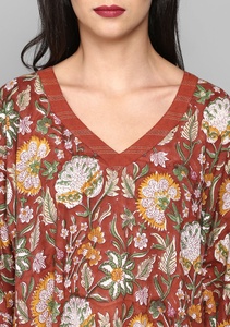 Cute Rust Hand Block Floral Printed <b>Kaftan</b> for Ladies 100% Soft Cotton Woven Eco-friendly V Neckline Half Sleeves Natural - Product Image 5