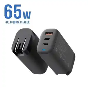 I40 GAN pengisi daya Cepat QC4.0 PD3.0, pengisi daya dinding 65W Gan untuk ponsel laptop tablet 3 port