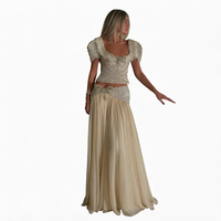 Robe de soirée deux pièces Sharon Said SS544 en mousseline de soie champagne, coupe trapèze, ornée de cristaux, à manches courtes, pour femme, idéale pour les fêtes formelles