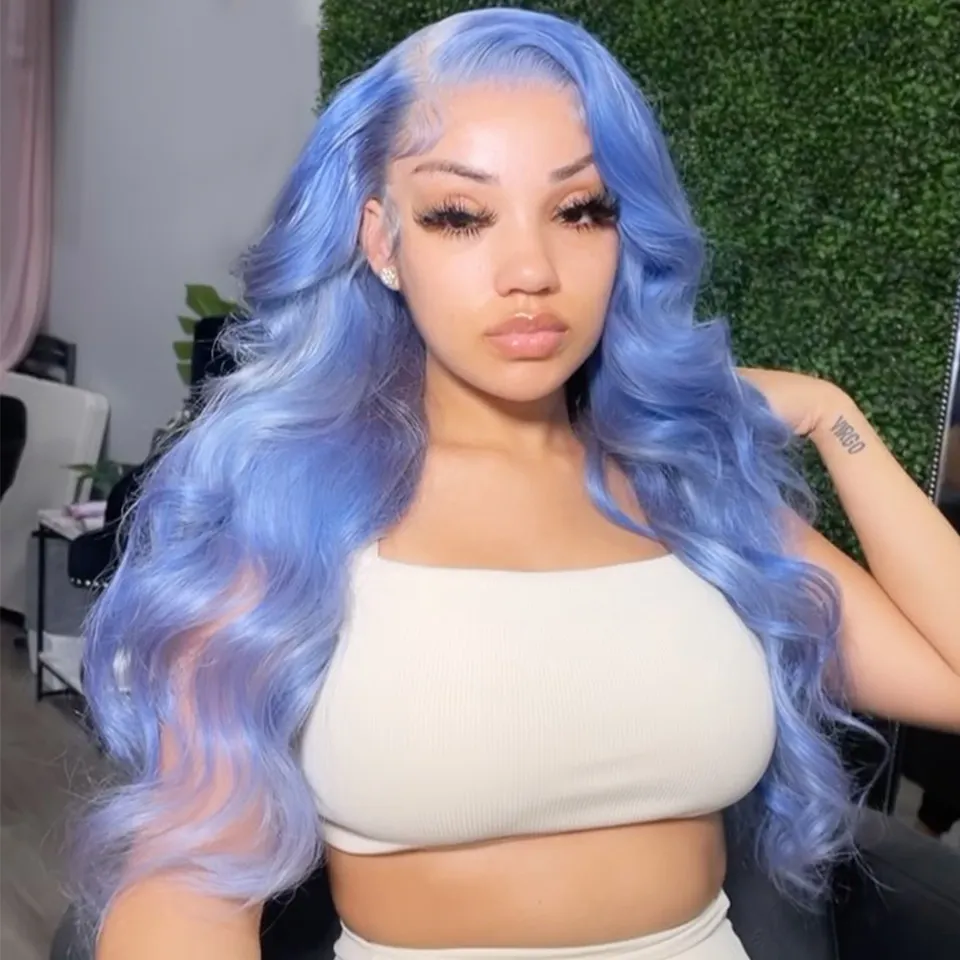 Raw Human hair Blue Colored Body Wave 13x4 Cuticle aligned Lace Front Wigs Virgin Human hair Straight Transparent Lace Front Wig