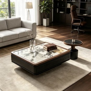 Ensemble de tables basses carrées de luxe léger avec plateau en marbre naturel, cadre en bois et rangement, tables d'appoint rondes gigognes pour l'ameublement de la maison - Product Image 1