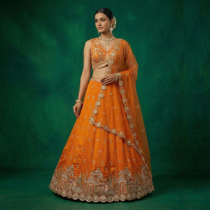 Orange Embroidered Floral Maxi <b>Lehenga</b> Set V-Neck Blouse & Dupatta 100% Cotton Traditional Dress for Wedding Festival Wear - Product Image 1