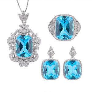 Vintage Eco-friendly Copper Full Diamond Jewelry <b>Set</b> 12*16/12*14mm Blue Cubic Zirconia Pendant and <b>Earring</b> Ring <b>Set</b> - Product Image 1