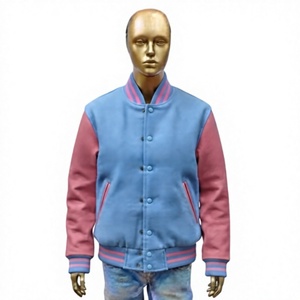 Custom Women Sky Blue Polyester/Cotton Breathable Front Logo Varsity Letterman <b>Jacket</b> Rib Trim - Product Image 1