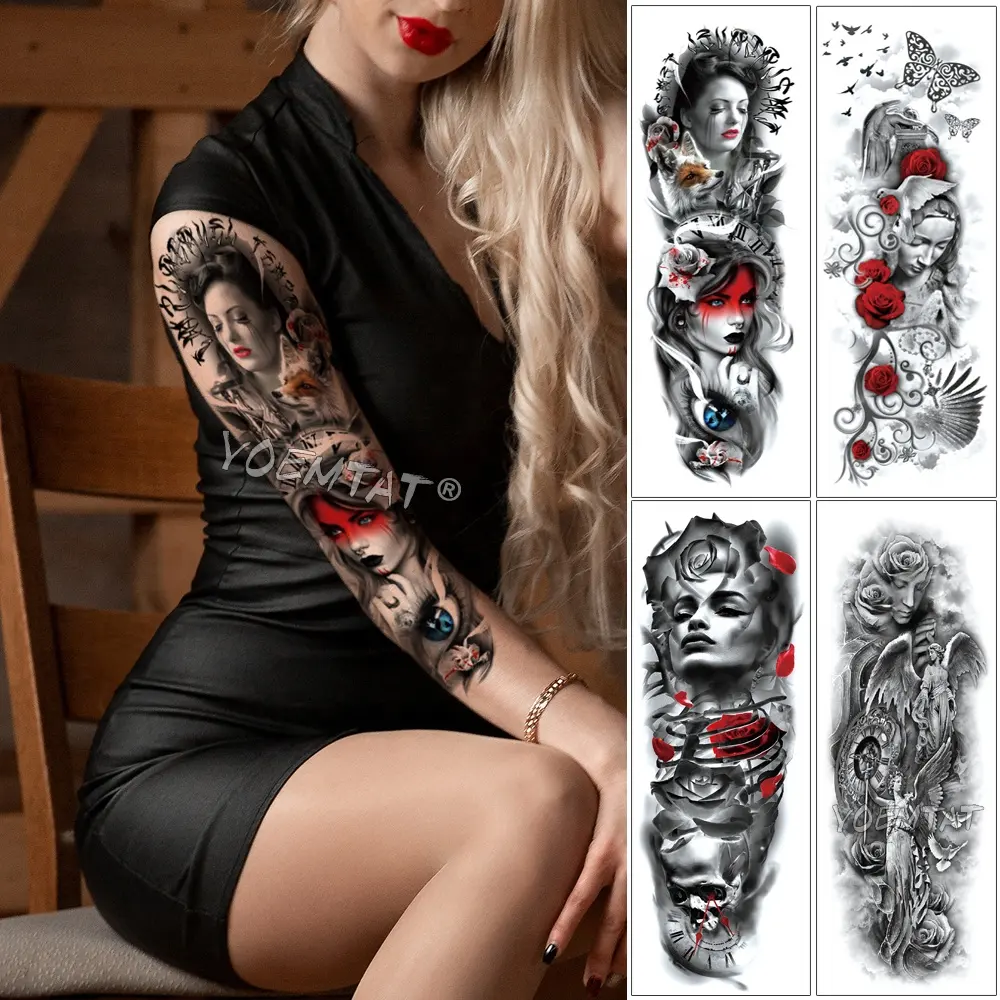 La vendita calda ha progettato i tatuaggi temporanei del braccio pieno impermeabile dell'autoadesivo del tatuaggio dell'angelo di bellezza della rosa rossa