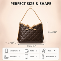 Tas Hobo Wanita Model Quilted, Bahan Kulit Cokelat, Cocok untuk Musim Panas, Dingin, dan Gugur, Dilengkapi Pita, Tali Selempang, dan Ritsleting, Warna Emas
