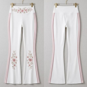 Custom High Waist Floral Embroidery Flare Yoga Pants Logo Women White Pink Side Stripe Bell Bottom Leggings Gym Squat Proof <b>Set</b> - Product Image 3