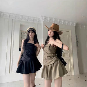 Conjunto de Falda Mini de Cintura Alta y Top sin Tirantes de Lona Vintage, Dulce y Fresco, para Mujer, Verano, Casual, Poliéster, Moda - Product Image 2