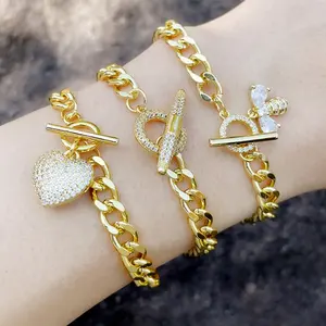 18K Gold Fashion Women Cuban Link Chain Bracelet Crystal Zirconia Charm Bracelet Cute Bee Rhinestone Heart Bracelet
