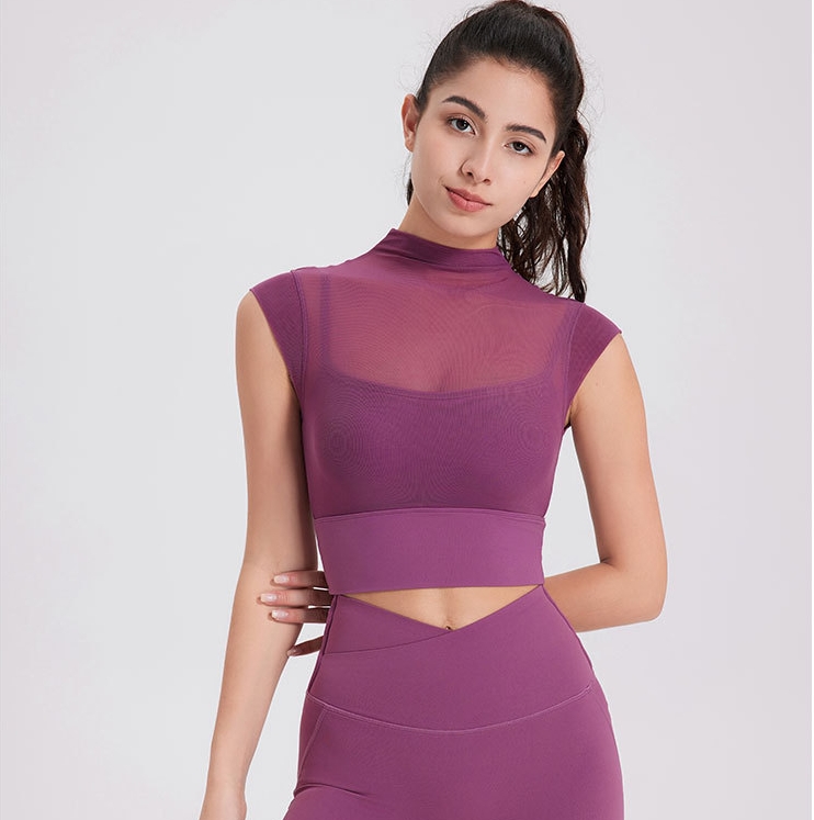 Short Sleeve Soft Yoga Tops Mesh Patchwork Breathable Gym Padded Shirts Girls Workout Plus Size Workout Wear Pilates Clothing
