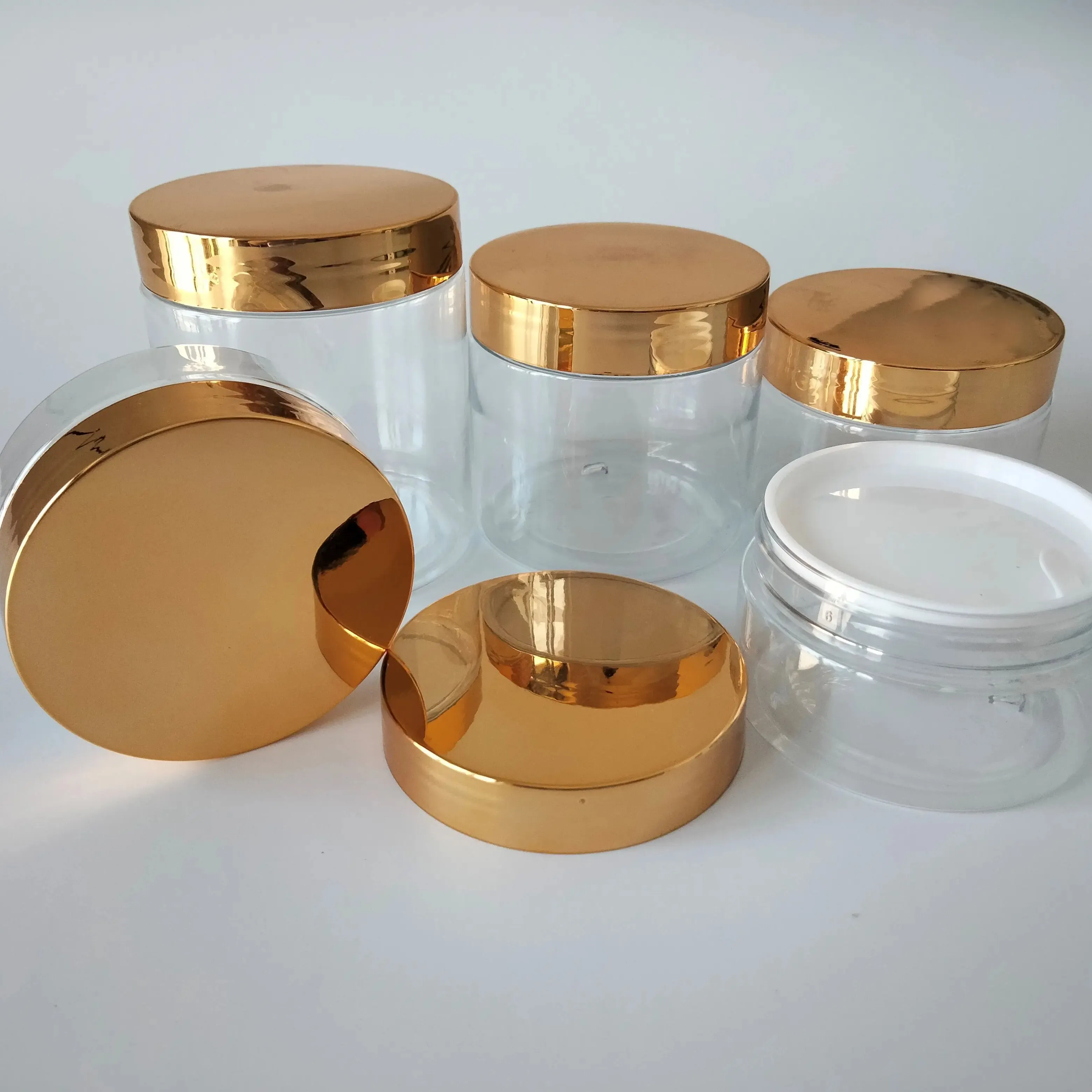 Transparent PET 200ml 250ml 300ml 500ml Clear Body Butter Plastic Jar With Gold Screw Lid 4oz 8oz 16 oz