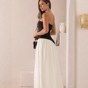 Robe longue élégante et fluide de style européen et américain pour femme, coupe ajustée, sans bretelles, bicolore noir et blanc, décontractée - Product Image 4