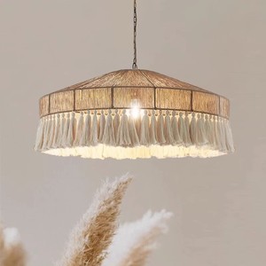Lampada a sospensione elegante e semplice in corda di canapa, stile industriale moderno, con frange e nappe, <span class=keywords><strong>paralume</strong></span> in canapa naturale intrecciato a mano, LED <span class=keywords><strong>bianco</strong></span> caldo. - Product Image 2