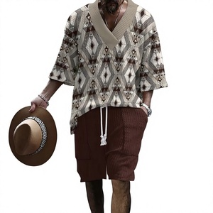 Men's Flame Printed V-Neck Knitted Casual Shirt and <b>Shorts</b> Summer Style 100% <b>Polyester</b> Digital Printing - Product Image 4