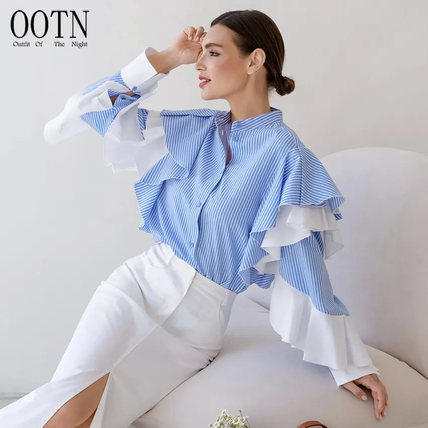 OOTN Fashion Striped Blouses Chic Women 2023 Elegant Ruffled Sleeve Office Lady Autumn Blue Patchwork Shirts modest blouses