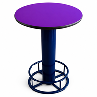 Table de bar ronde de 80 cm, table haute de cuisine ou îlot, avec piétement bleu thermolaqué à double anneau, pour réunions familiales