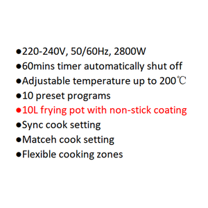 Friteuse à air 10L 2800W 220-240V avec 10 programmes prédéfinis, chauffage en acier inoxydable SS304, cuve antiadhésive, protection contre la surchauffe Sync&Match Cook - Product Image 6