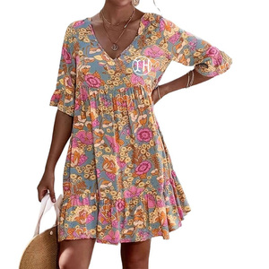 Robe trapèze en satin et mousseline de soie pour femme, collection été 2026, style bohème, imprimée, à manches mi-longues, col en V, coupe ample et confortable, idéale pour les loisirs et les vacances - Product Image 5