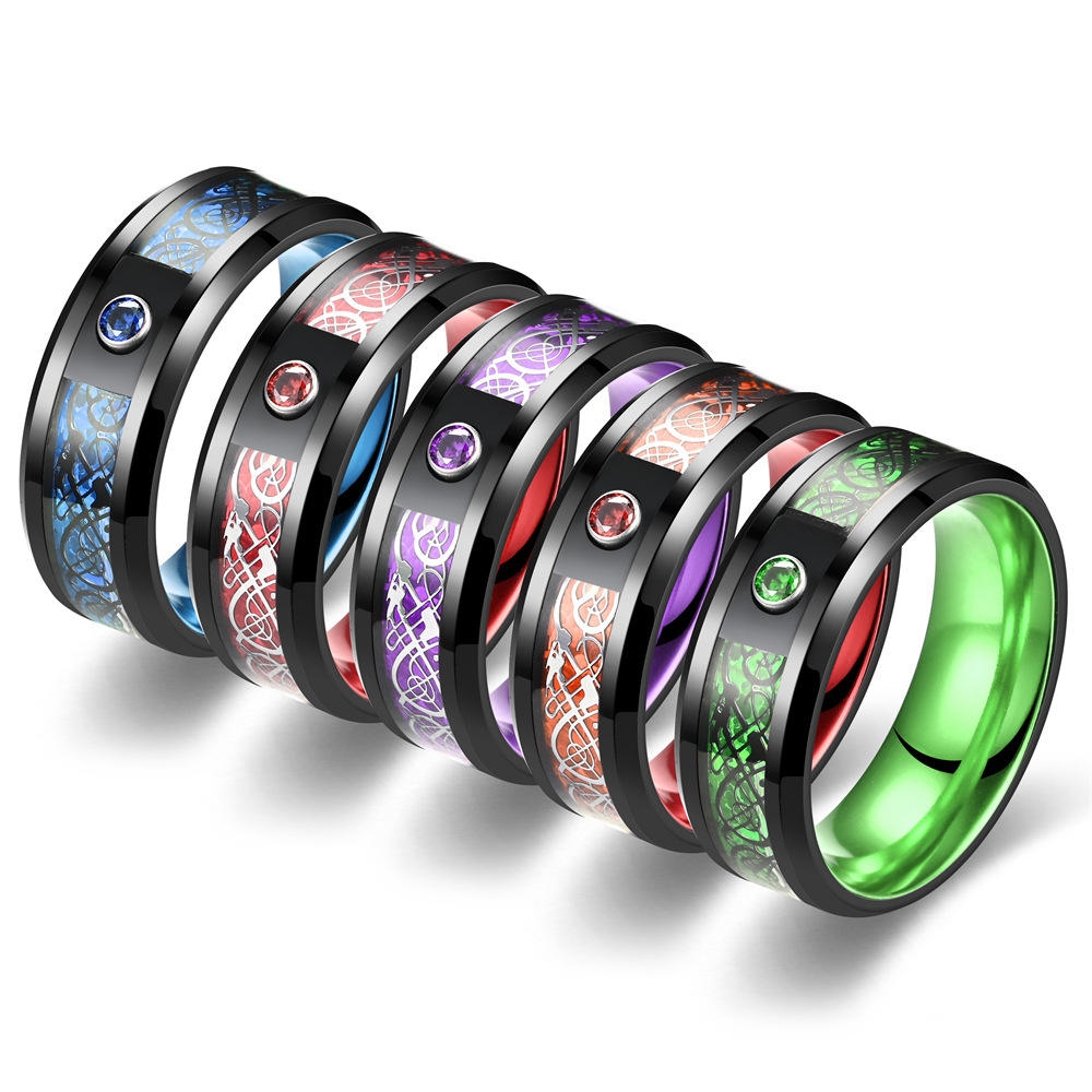8MM Stainless Steel Tungsten Finger Rings Male Silver Red Dragon