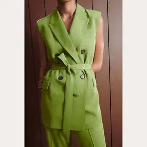 RedPeony mode 2023 manteaux femmes col en V Double boutonnage ceintures longues sans manches vestes bureau dame solide vert gilet Blazer ensemble