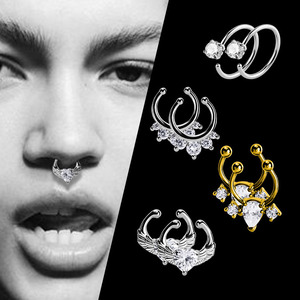 Piercing đồ trang sức thép không gỉ vàng bạc màu Zircon sao tim vương miện mũi vòng giả clip trên mũi - Product Image 2