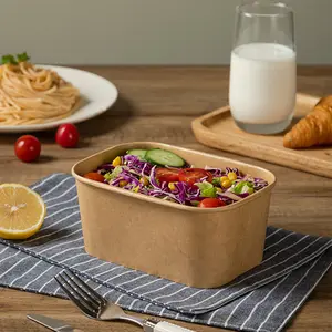 Tazón de papel Kraft con tapa para llevar y almacenamiento de alimentos