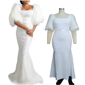 X8230 gaun pernikahan elegan kerah U, gaun malam putri duyung lengan bulu untuk pengiring pengantin berpayet