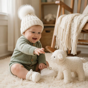 Pinuotu Baby Knitted Accessories Set Plain White Cotton Winter Pom Beanie Custom New Born Baby Booties Matching Headwear Suits - Product Image 3