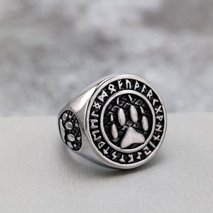แหวนผู้ชายสไตล์นอร์ดิกเรโทรสแตนเลสสตีล พร้อมลายรูนไวกิ้งและลายอุ้งเท้าสัตว์ สไตล์ฮิปฮอป ของขวัญเครื่องประดับ - Product Image 1