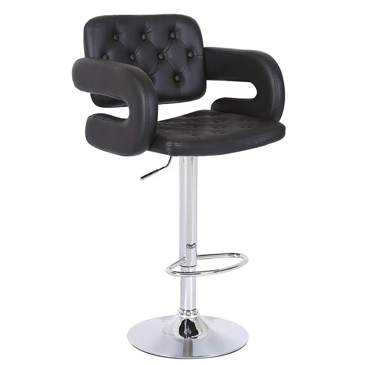 Black PU Leather Bar Stool Adjustable Bar High Swivel Chair With Chrome Metal Base