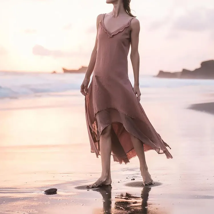Factory wholesale soft cotton linen pink midi slip dresses women custom summer hawaiian beach dress spring elegant sun dress