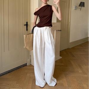 Pantaloni Casual larghi con Design plissettato personalizzato pantaloni eleganti alla moda <span class=keywords><strong>a</strong></span> gamba dritta pantaloni <span class=keywords><strong>a</strong></span> <span class=keywords><strong>righe</strong></span> <span class=keywords><strong>di</strong></span> <span class=keywords><strong>lino</strong></span> con bottoni da donna - Product Image 3