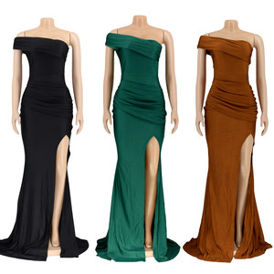 AL232 Best-selling Long Gown Evening <strong>Dress</strong> Slanted <strong>Collar</strong> Slit Ruched Elegant Party Gowns for <strong>Women</strong> Evening <strong>Dresses</strong> - Product Image 5