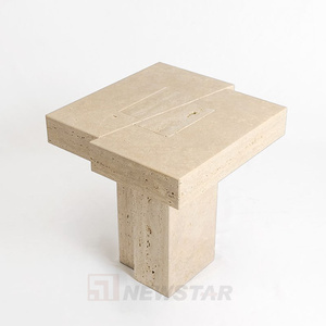 Newstar Buff Tables d'appoint en marbre à dessus rond Table d'appoint de canapé en marbre naturel Table d'appoint en travertin - Product Image 5