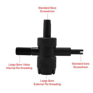 Black Multi-functional Valve Tool 4-IN-1 Large Bore Tire Valve Repair Tool Re-threading Valve Stem Core Removal Screwdriver