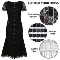 Robe longue noire en dentelle premium pour femme, écologique, unie, chic, avec col à volants, ornée de bijoux, boutonnée, taille haute, pour l'été