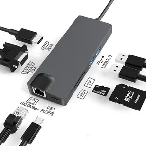 8in1 USB 3.0集线器PD充电器类型C至HDMl RJ45 TF/sd卡插槽以太网适配器