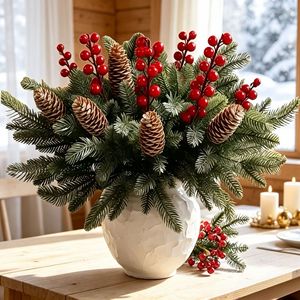 Branche de pin artificielle de Noël avec baies rouges et cônes de pin pour décorations de fêtes - Product Image 1